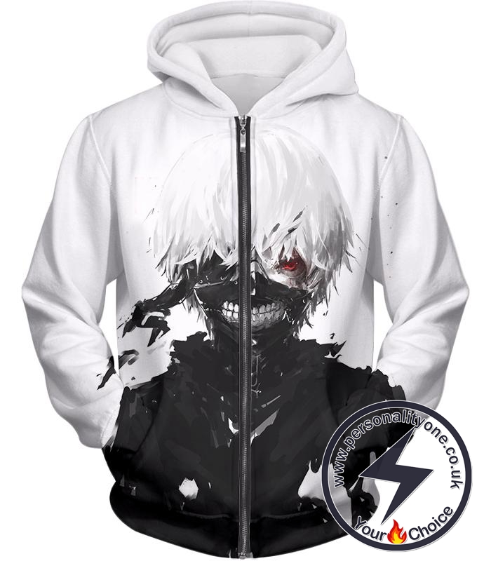 Tokyo Ghoul Cool Masked Ken Kaneki White Zip Up Hoodie